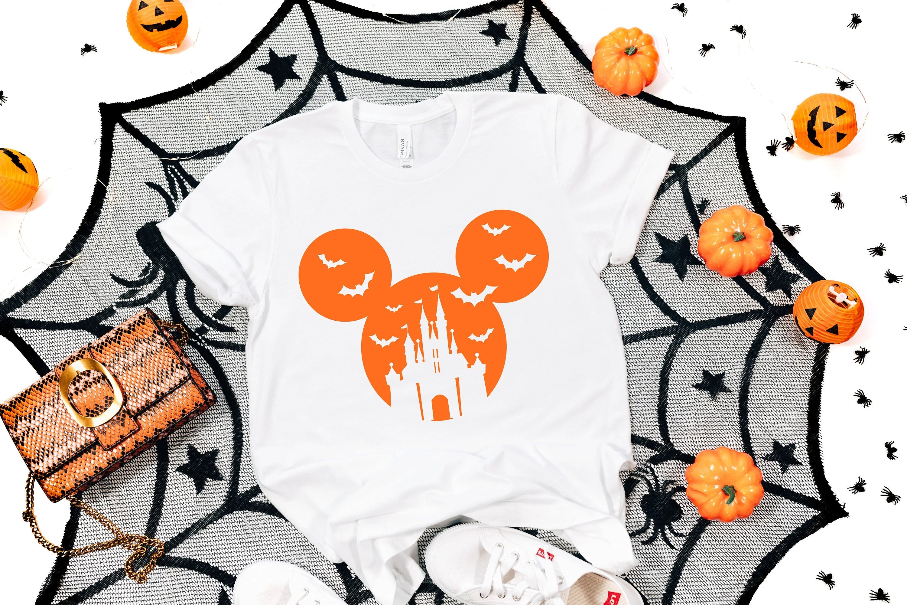 Halloween Pumpkin Castle T-Shirt – Spooky Bats Graphic Tee for Fall Parties